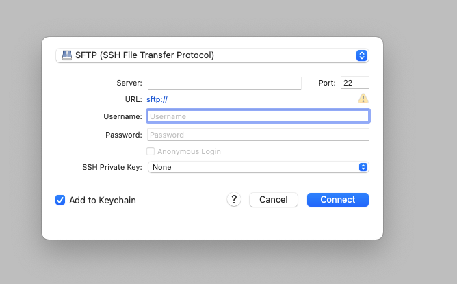 Cyberduck SFTP connection settings