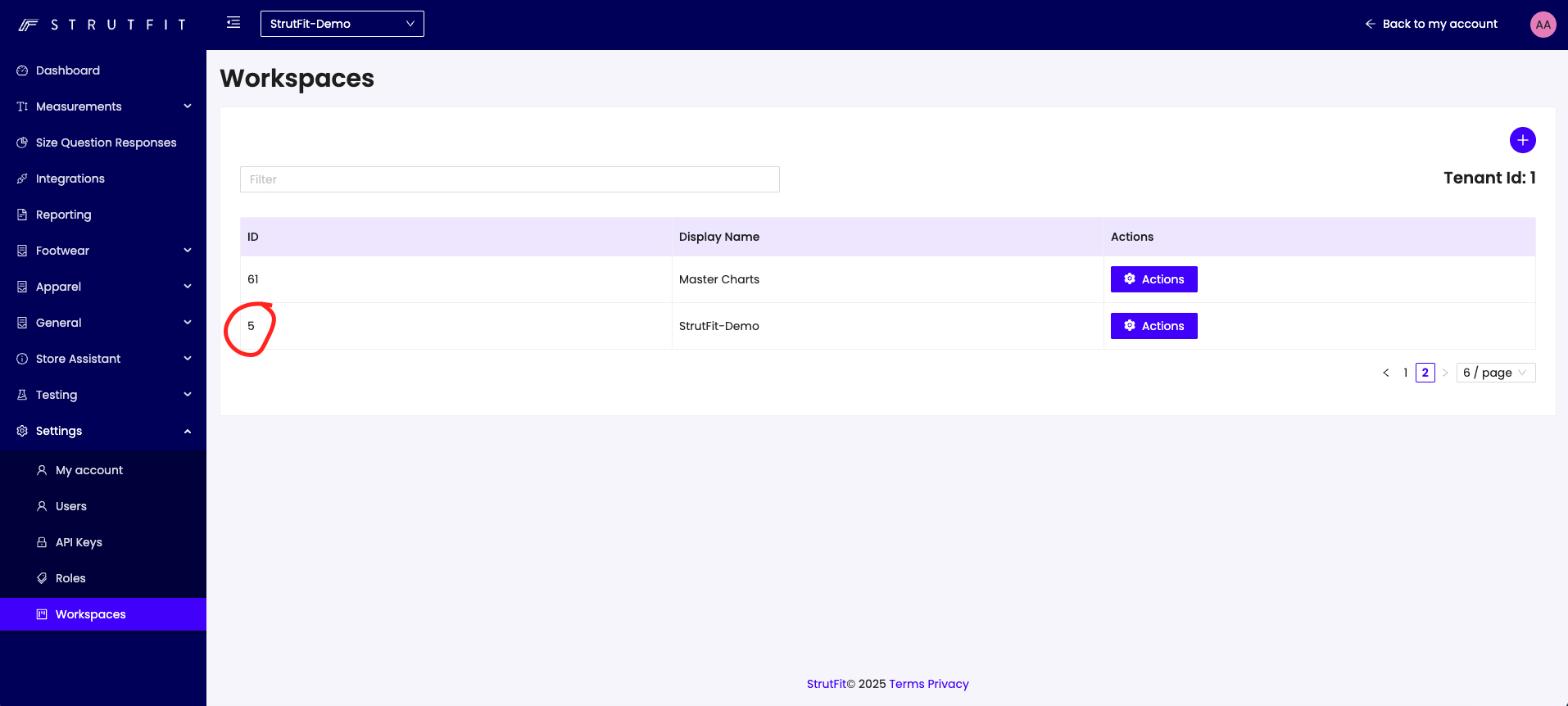 Organization ID location in StrutFit dashboard